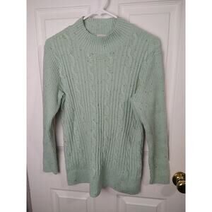 Talbots Woman S Cable Knit Sweater Sage Multicolor Dots Mock Neck Pullover...